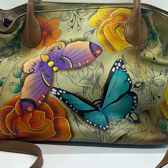 Anuschka Anna Beautiful Gray Flowers & Butterflies Shoulder Purse Bag w/ Wallet - Picture 3 of 14